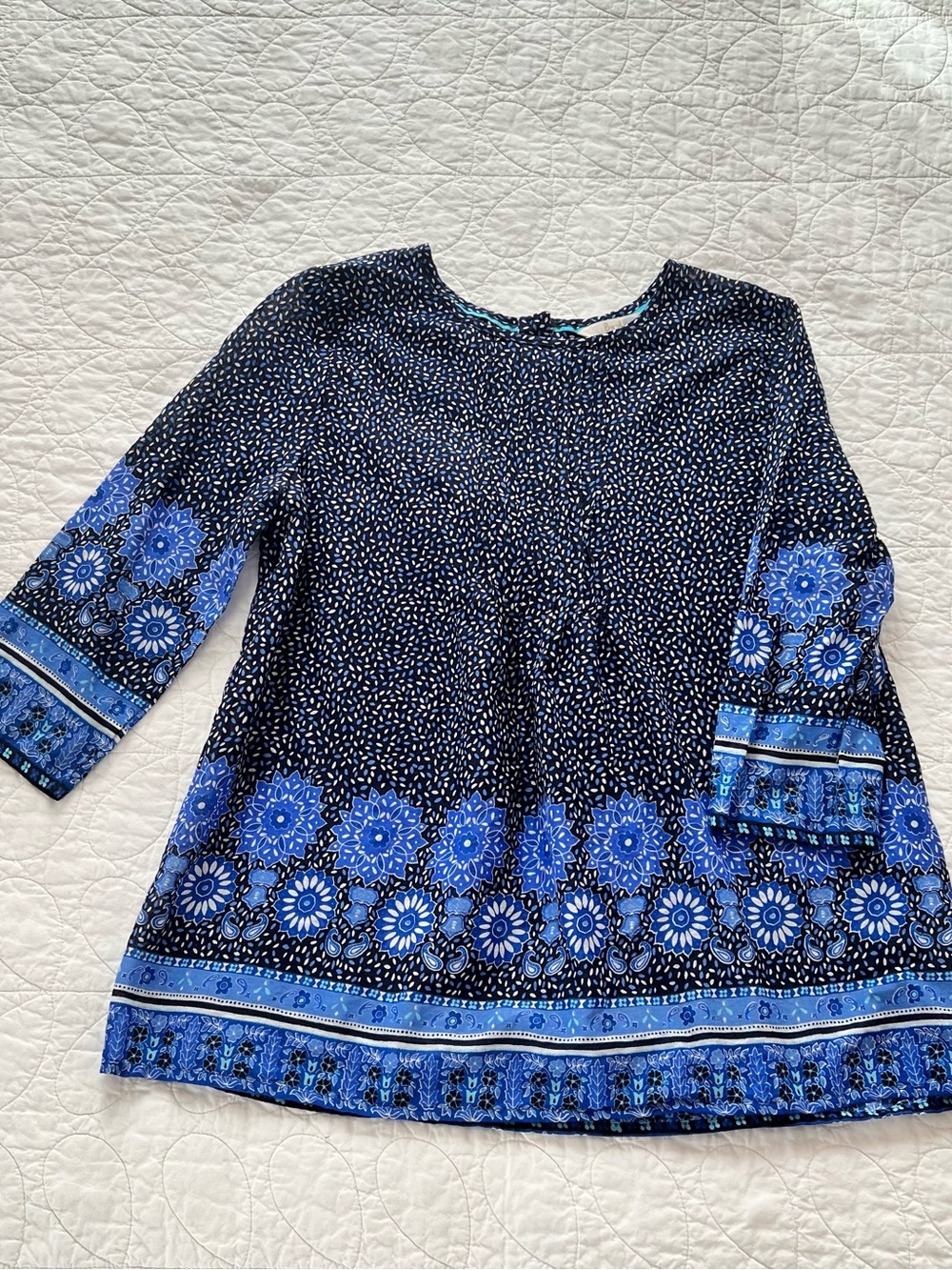 Boden Navy & Blue Floral Border Pintuck Cotton Blouse, Boho Cabincore Corporate